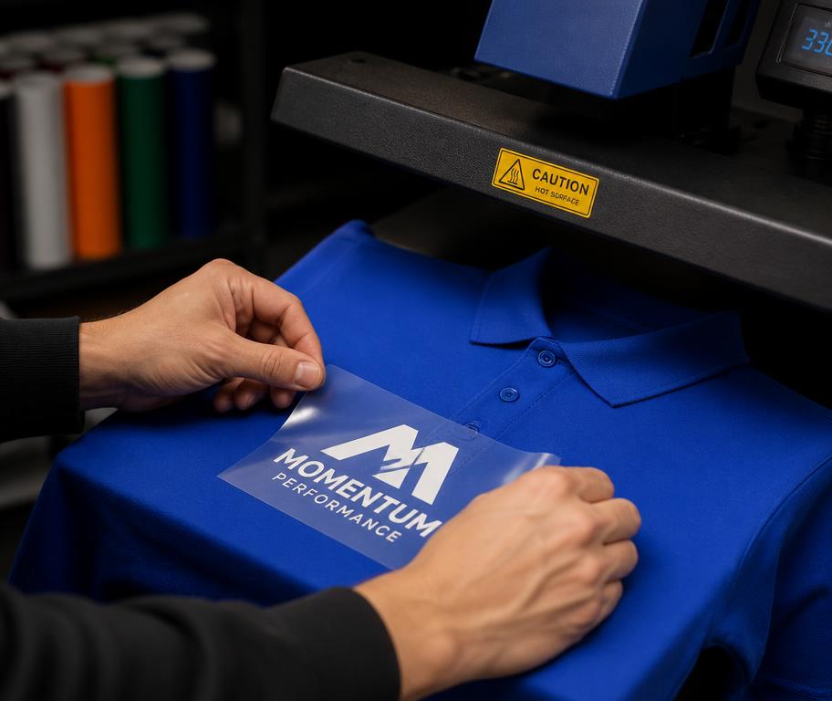 Heat-pressing a printed logo onto a polo shirt