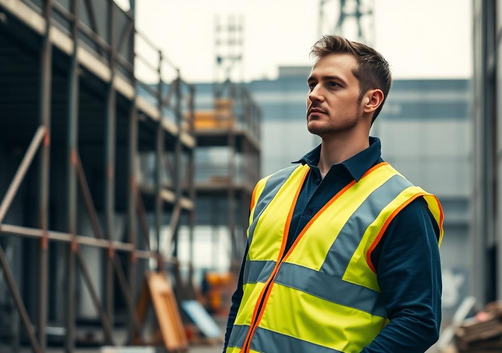 Worker wearing a hi-visibility safety vest on a building site